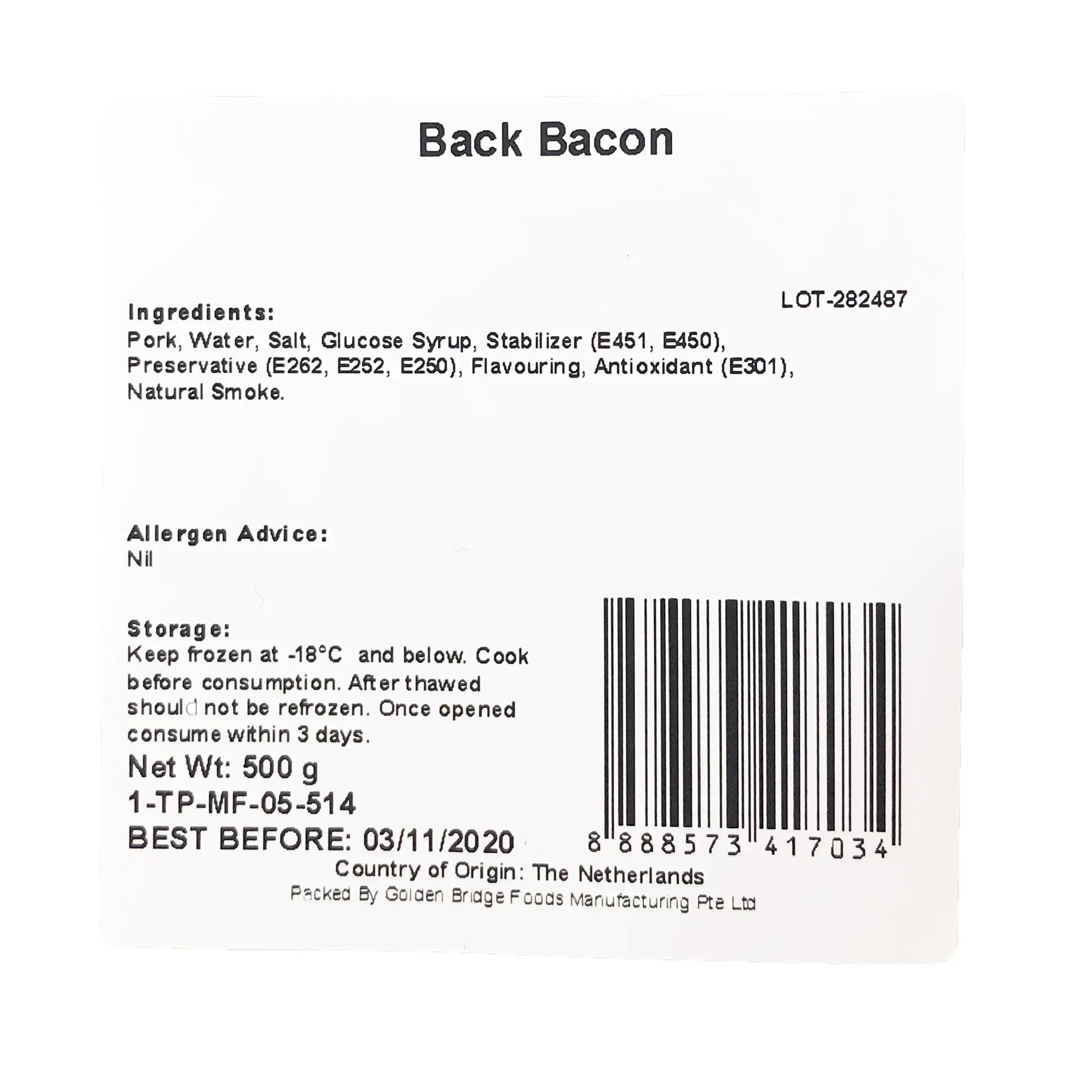 Kelly's Streaky / Back Bacon 500g Frozen